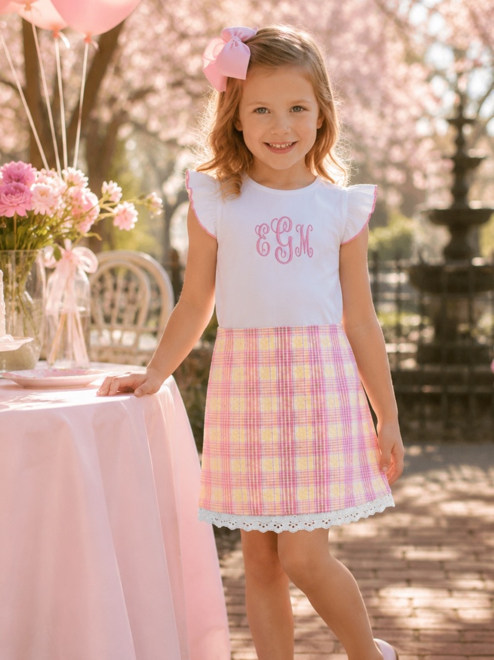 Sixth Alice Girls‎ Plaid Seersucker Skirt Pink Yellow Lace Trim Size 5 NWT